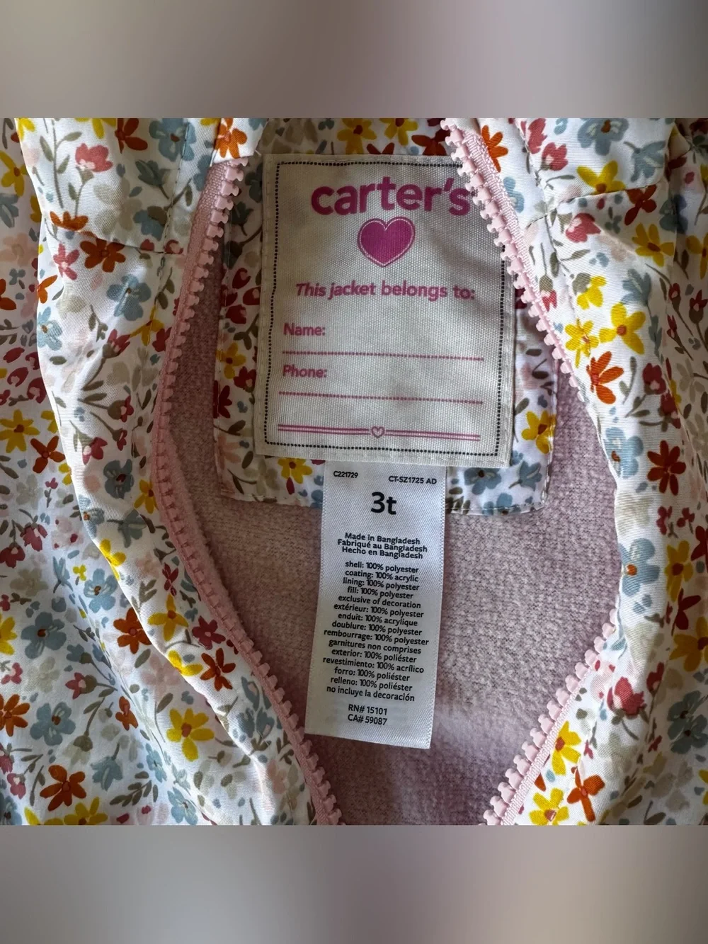 Carter's Floral Hooded Jacket Pink Yellow Cottagecore Outdoor Girls 3T